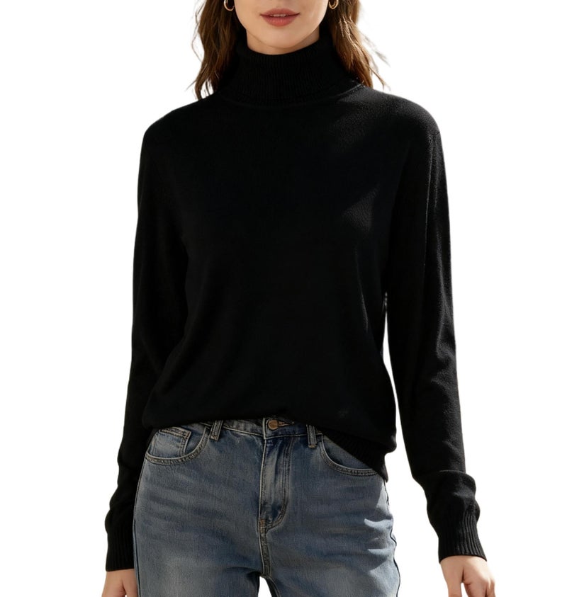 SANGTREE Women's Turtleneck Sweater Long Sleeve Lightweight Pullover Sweater Tops Black, XL - Image 1